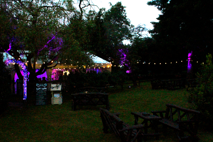 Festoon lighting at marquee wedding, near St Albans, Herts