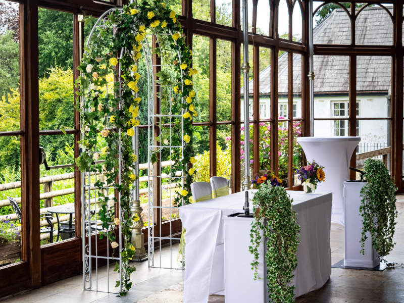 Floral arch set up for wedding ceremony